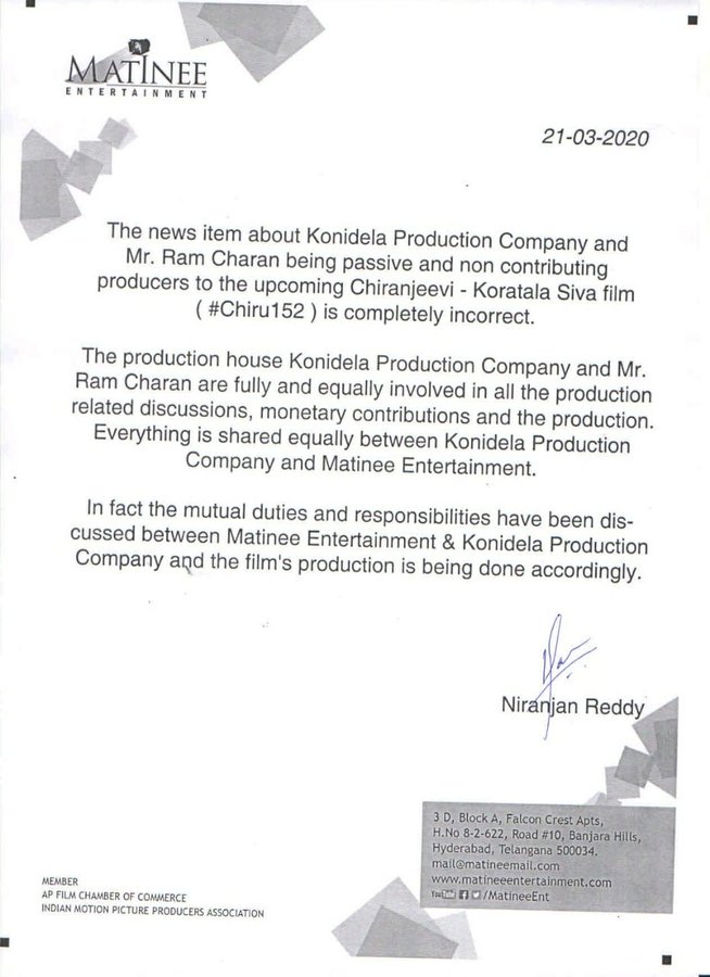 A press release from Matinee Entertainment Producer Niranjan Reddy about Chiru 152