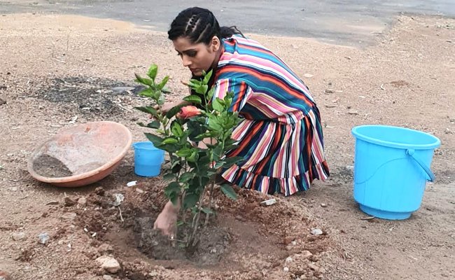 Anchor Rashmi Planting trees in Rojavanam by Accepting Green India Challenge