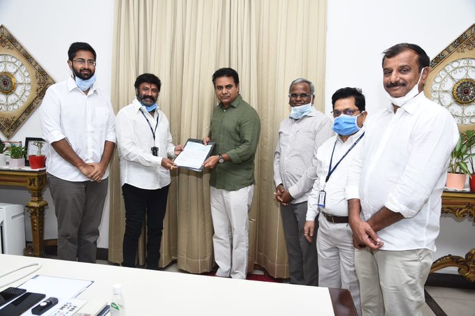 Nandamuri Balakrishna handedover a cheque of Rs 50 Lakhs to Minister  KTR