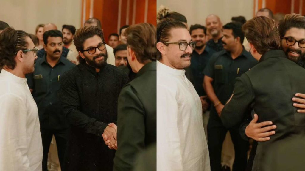 Allu Arjun gives hug to Hrithik Roshan in a bollywood producer marriage photo goes viral