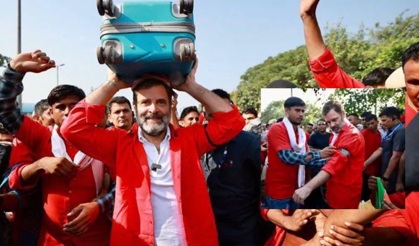 Rahul Gandhi lifts luggage at railway station