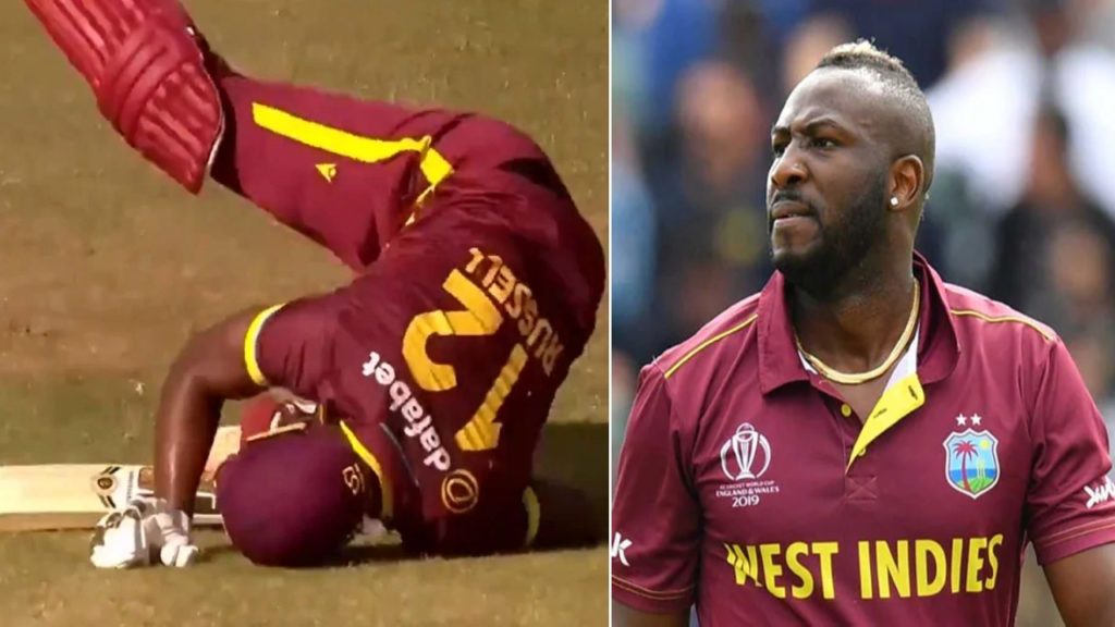 Andre Russell falls after smashing a freak six