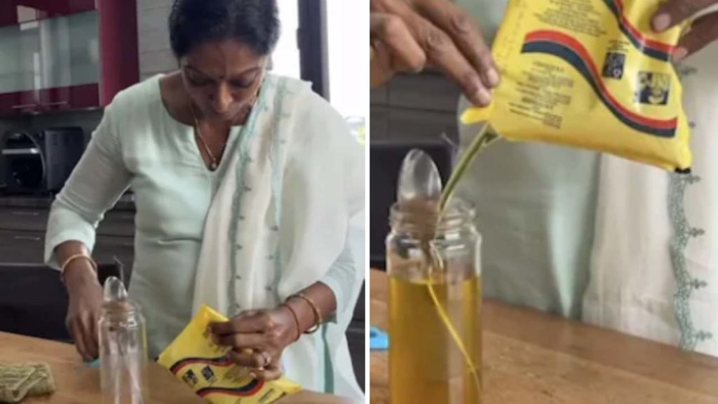 video shows a woman pouring oil