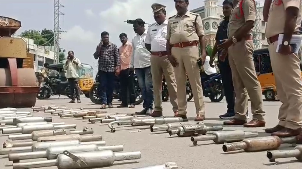 Nalgonda police publicly destroyed 70 banned modified bike silencer